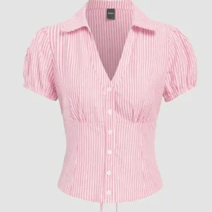 button down puff sleeve top in pink