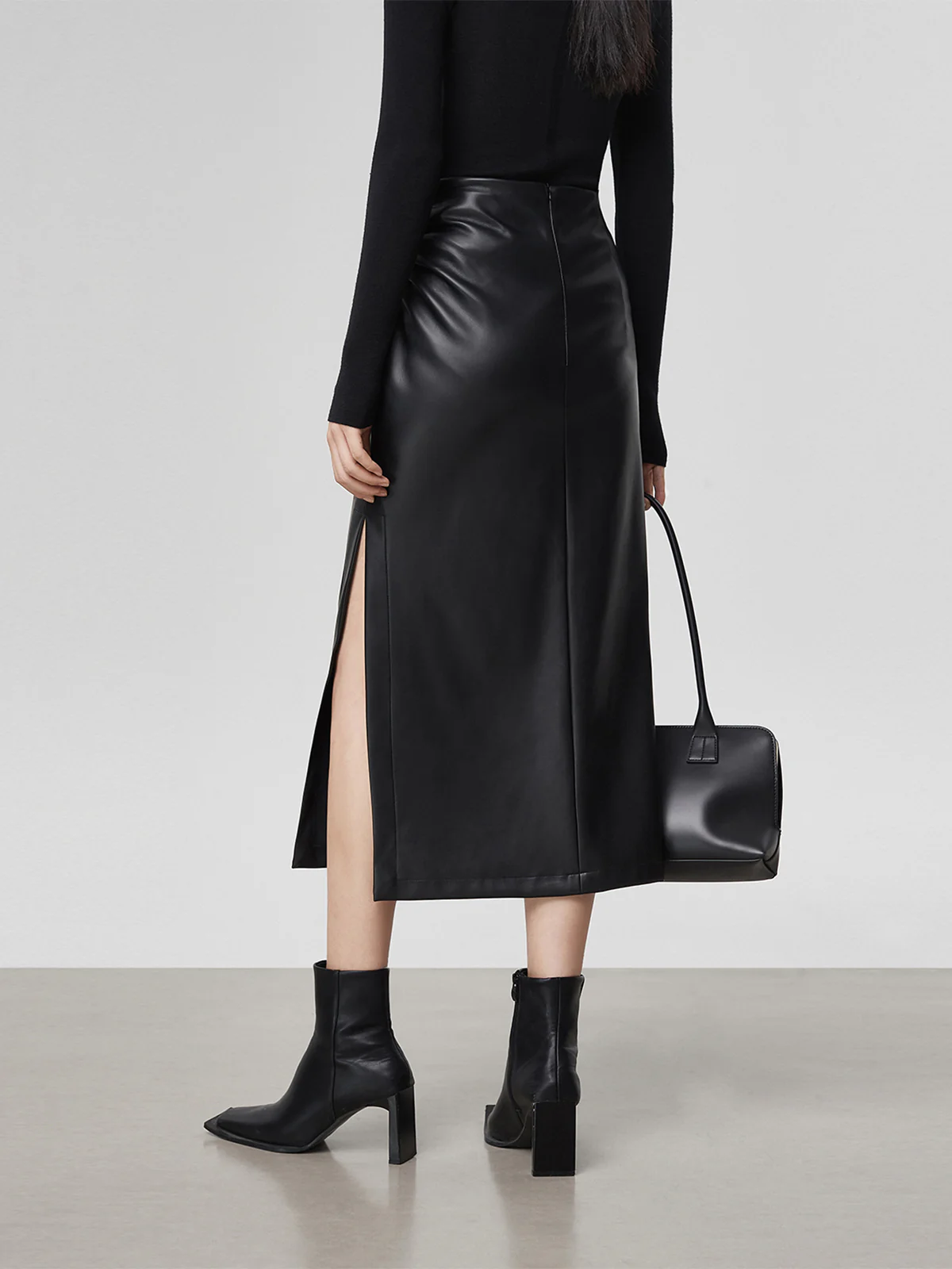 faux leather ruched slit midi skirt faux leather ruched slit midi skirt