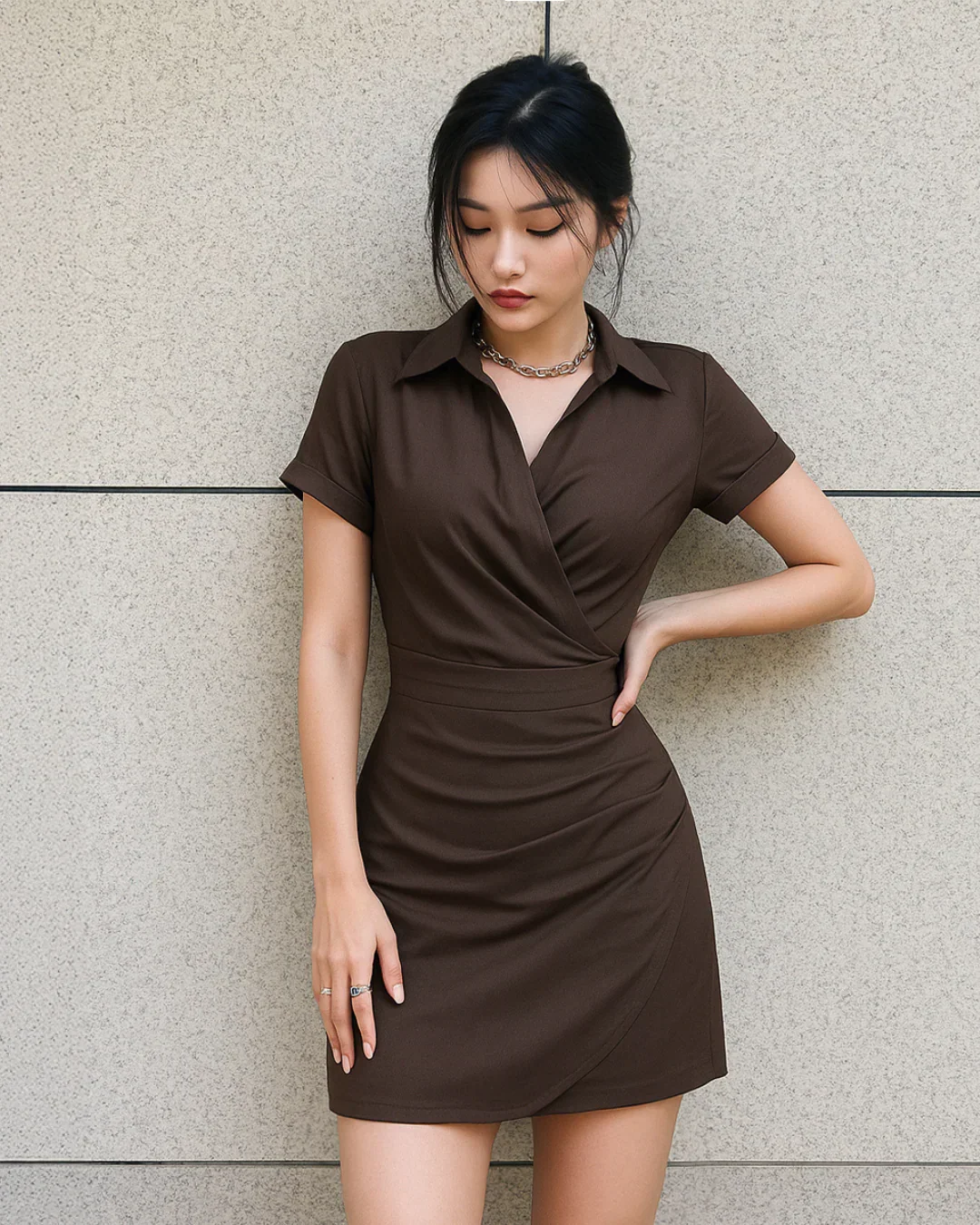 collar wrap buckle dark brown mini dress collar wrap buckle dark brown mini dress