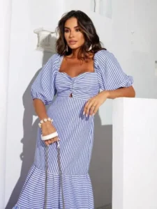 women's striped puff sleeve maxi dress