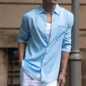 light blue linen blend regular fit shirt